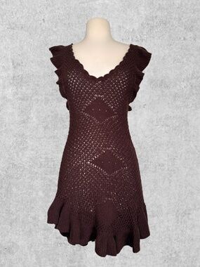 Free People Crochet Knit Dress | Brown Boho Ruffle Mini | Size XS/S